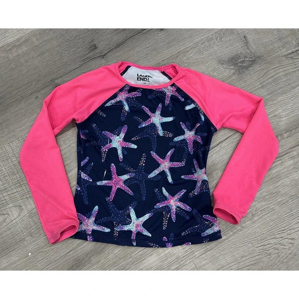Lands End Girls 3T Starfish Swimsuit W/ Sun Shirt NWOT Pink Blue READ